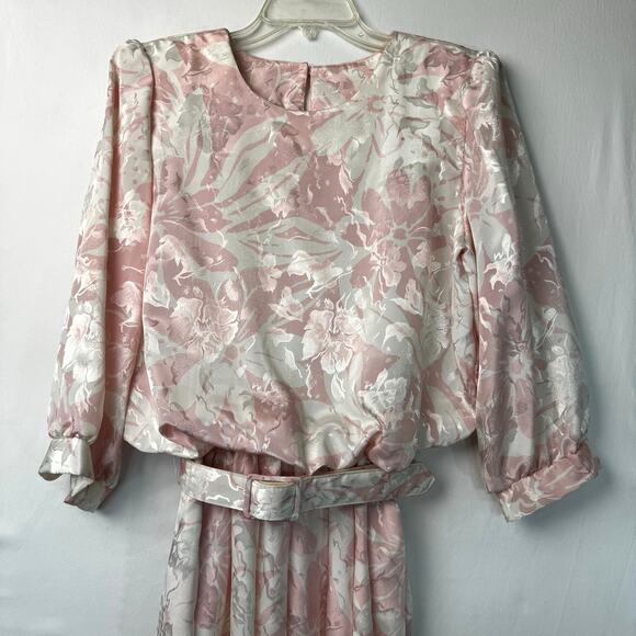 Vintage 80s Von Bramlett Pink Floral Metallic Secretary Dress Size Medium - Picture 10 of 10